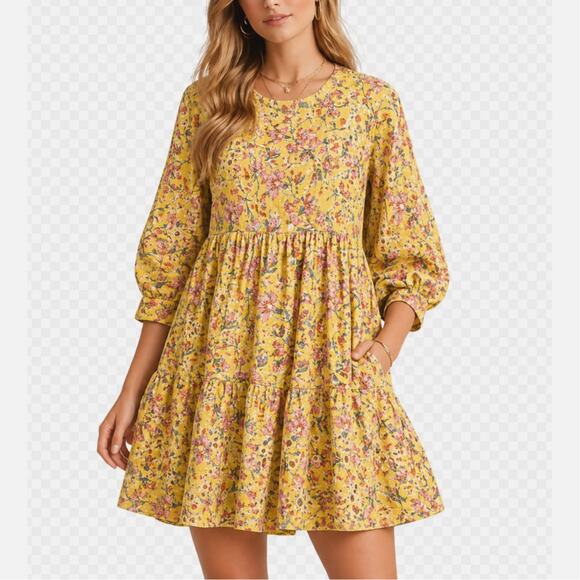 dRA Los Angeles Dresses & Skirts - dRA Los Angeles Yara Yellow Floral Eyelet Mini Dress Cotton Sun Dress XS Boho